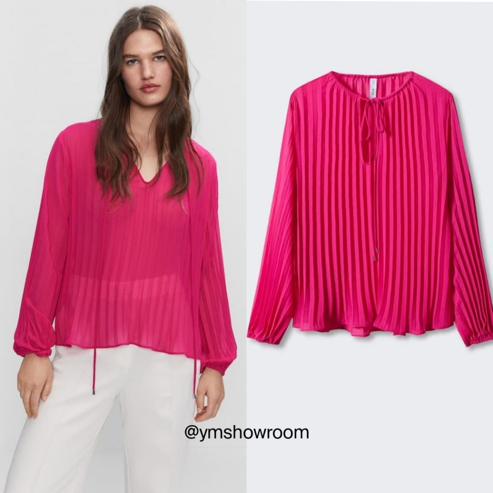 NWT Mango Hot Pink Pleated Long-Sleeve Sheer Blouse size large oversized